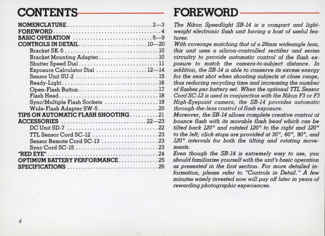 Nikon 14 manual Contents Foreword 