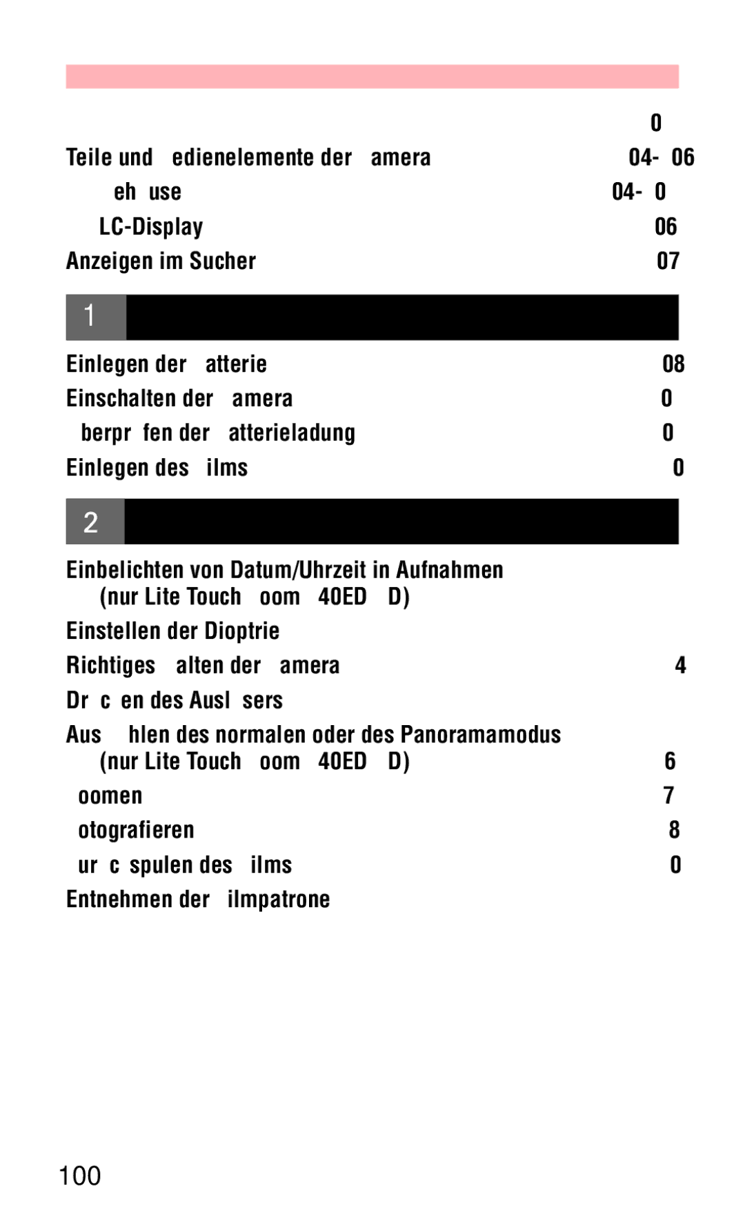 Nikon 140ED instruction manual Inhalt, LC-Display, Einlegen der Batterie, Überprüfen der Batterieladung Einlegen des Films 