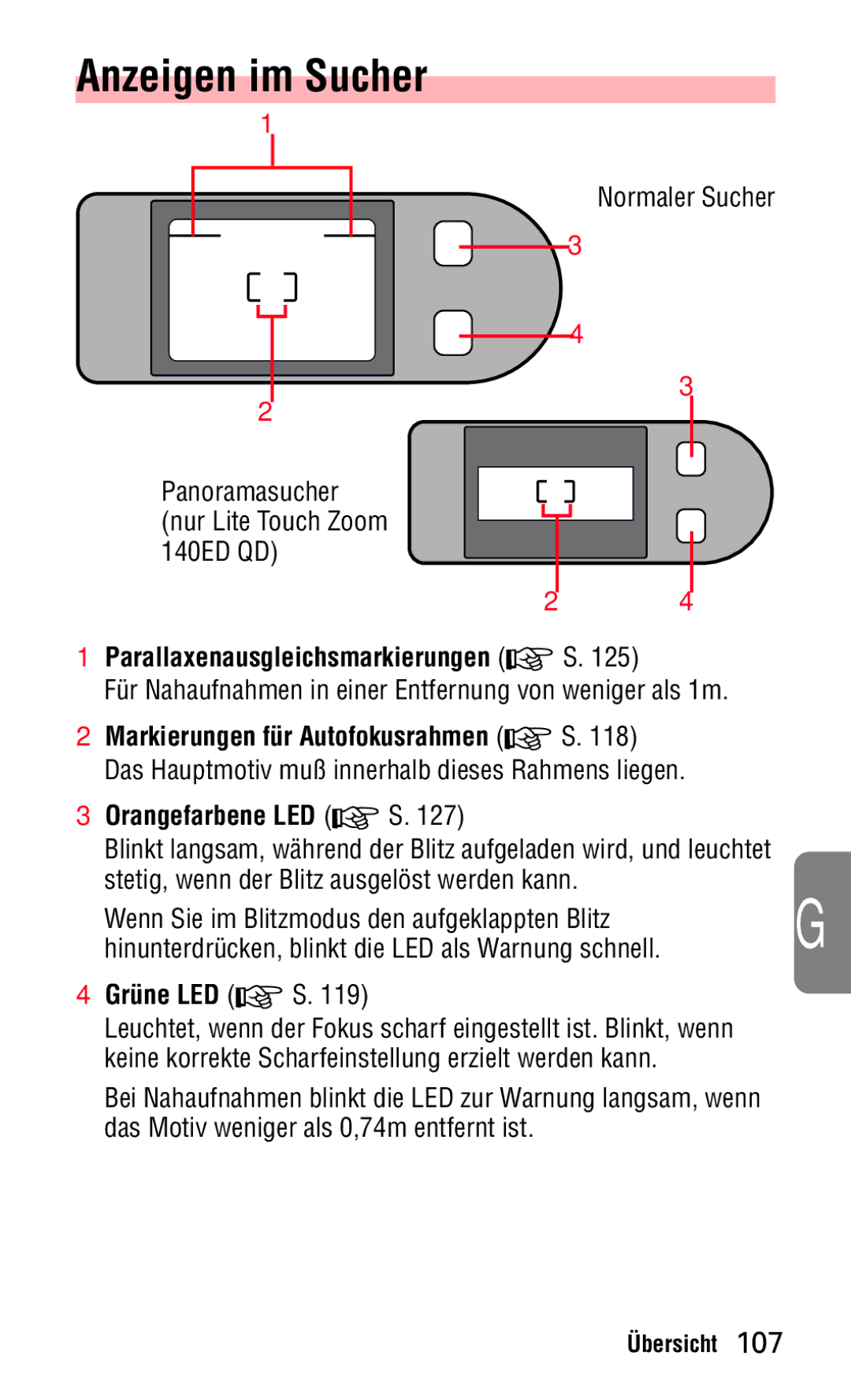 Nikon 140ED instruction manual Anzeigen im Sucher, 3Orangefarbene LED, 4Grüne LED 