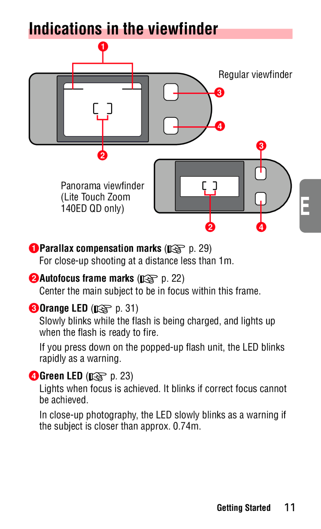 Nikon 140ED Indications in the viewfinder, For close-up shooting at a distance less than 1m, 3Orange LED, 4Green LED 