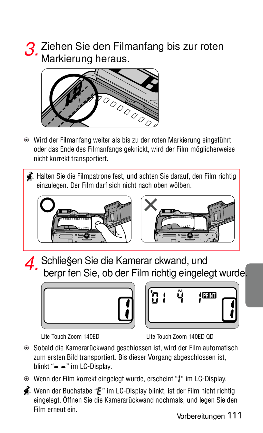 Nikon 140ED instruction manual Ziehen Sie den Filmanfang bis zur roten Markierung heraus 