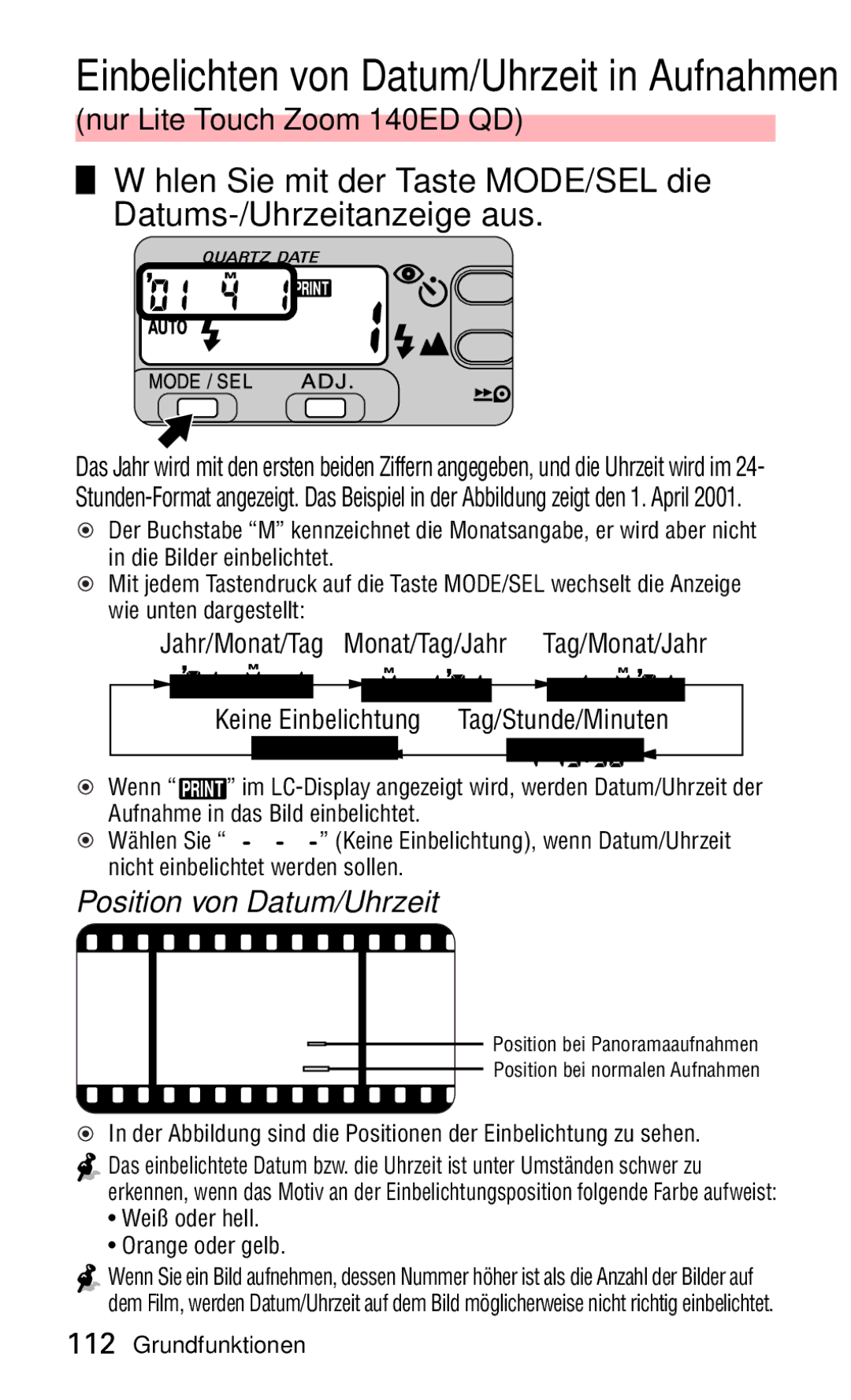 Nikon 140ED Einbelichten von Datum/Uhrzeit in Aufnahmen, Position von Datum/Uhrzeit, Weiß oder hell Orange oder gelb 