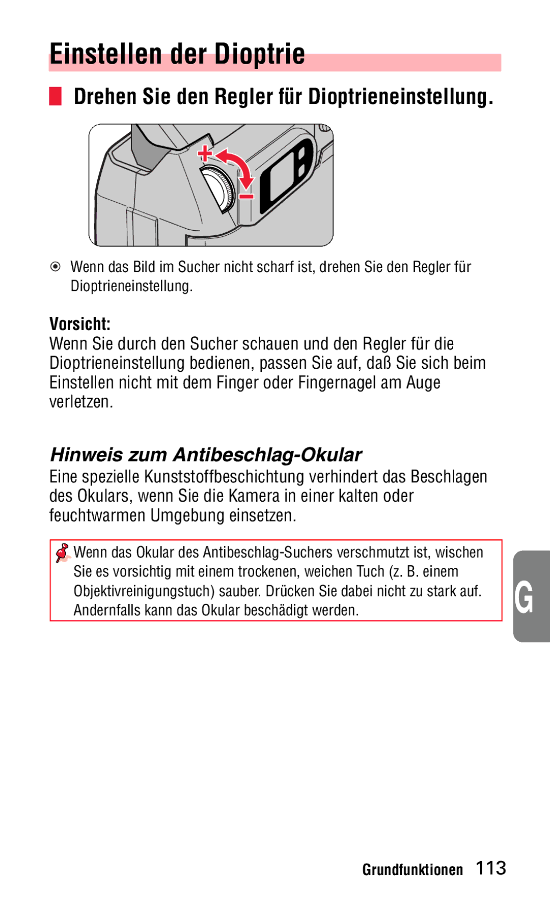 Nikon 140ED Einstellen der Dioptrie, Drehen Sie den Regler für Dioptrieneinstellung, Hinweis zum Antibeschlag-Okular 