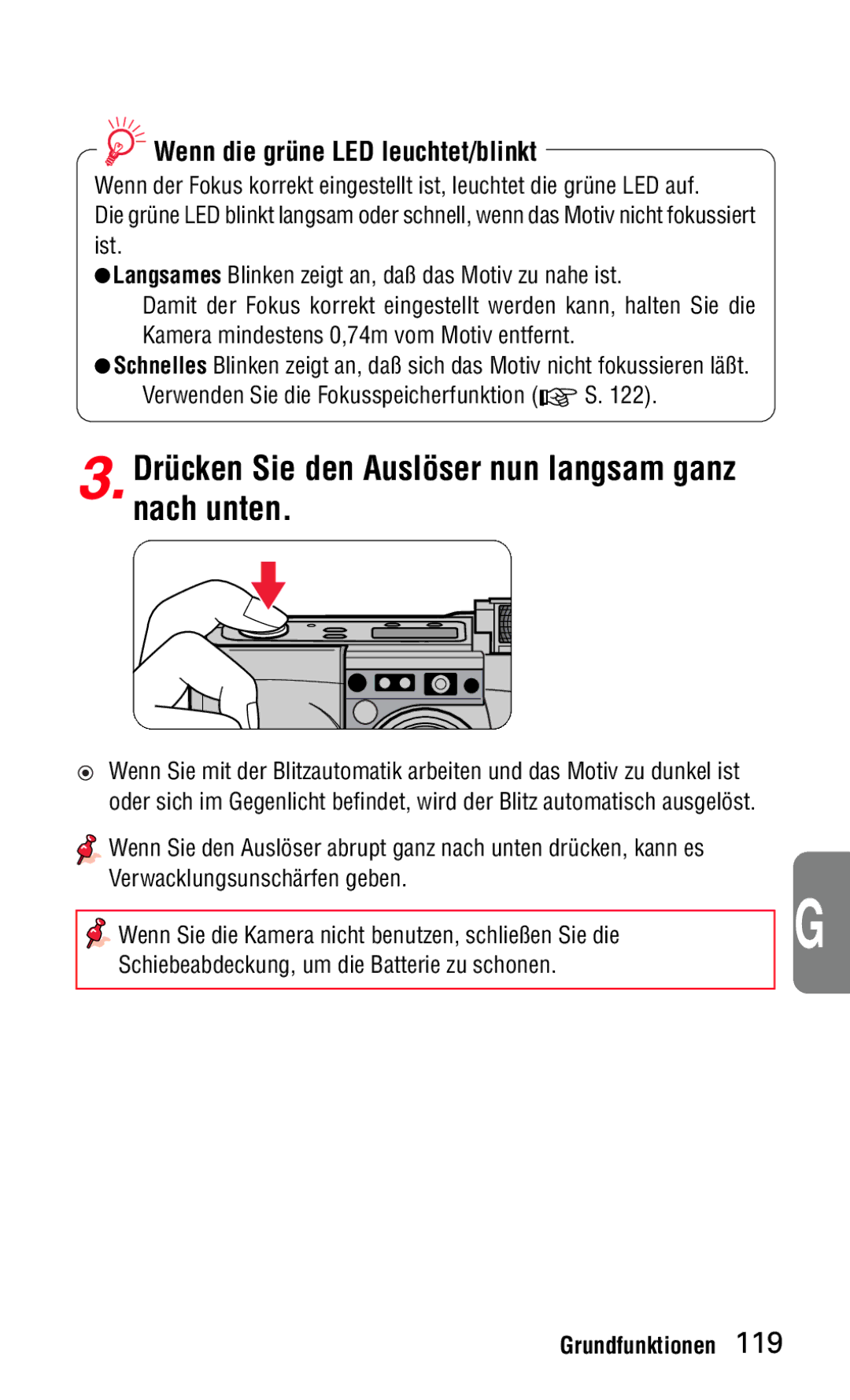 Nikon 140ED instruction manual Drücken Sie den Auslöser nun langsam ganz nach unten, Wenn die grüne LED leuchtet/blinkt 