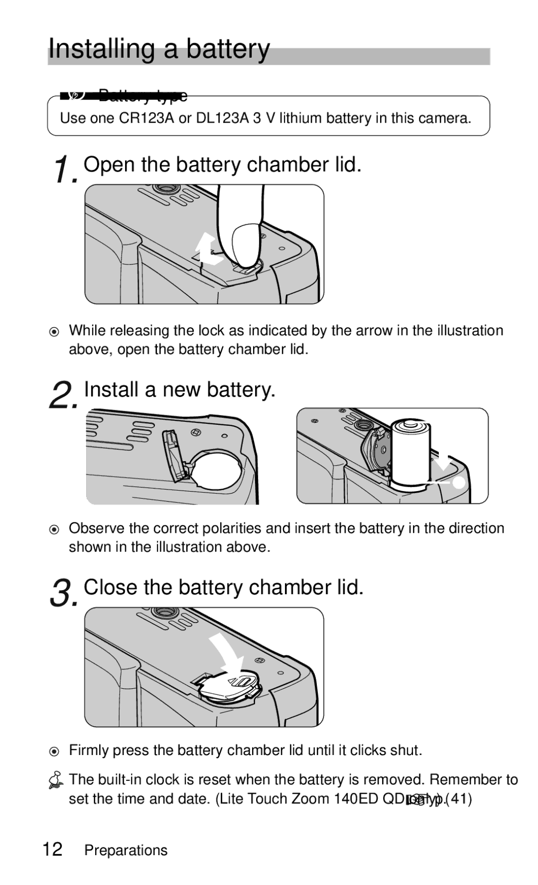 Nikon 140ED Installing a battery, Open the battery chamber lid, Install a new battery, Close the battery chamber lid 