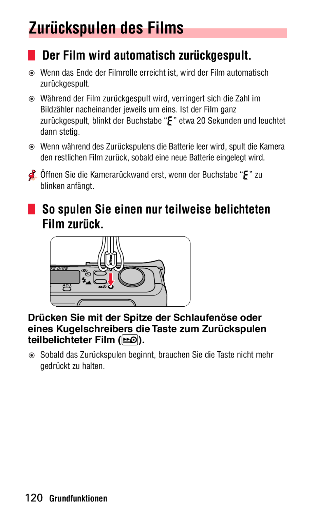 Nikon 140ED instruction manual Zurückspulen des Films, Der Film wird automatisch zurückgespult 