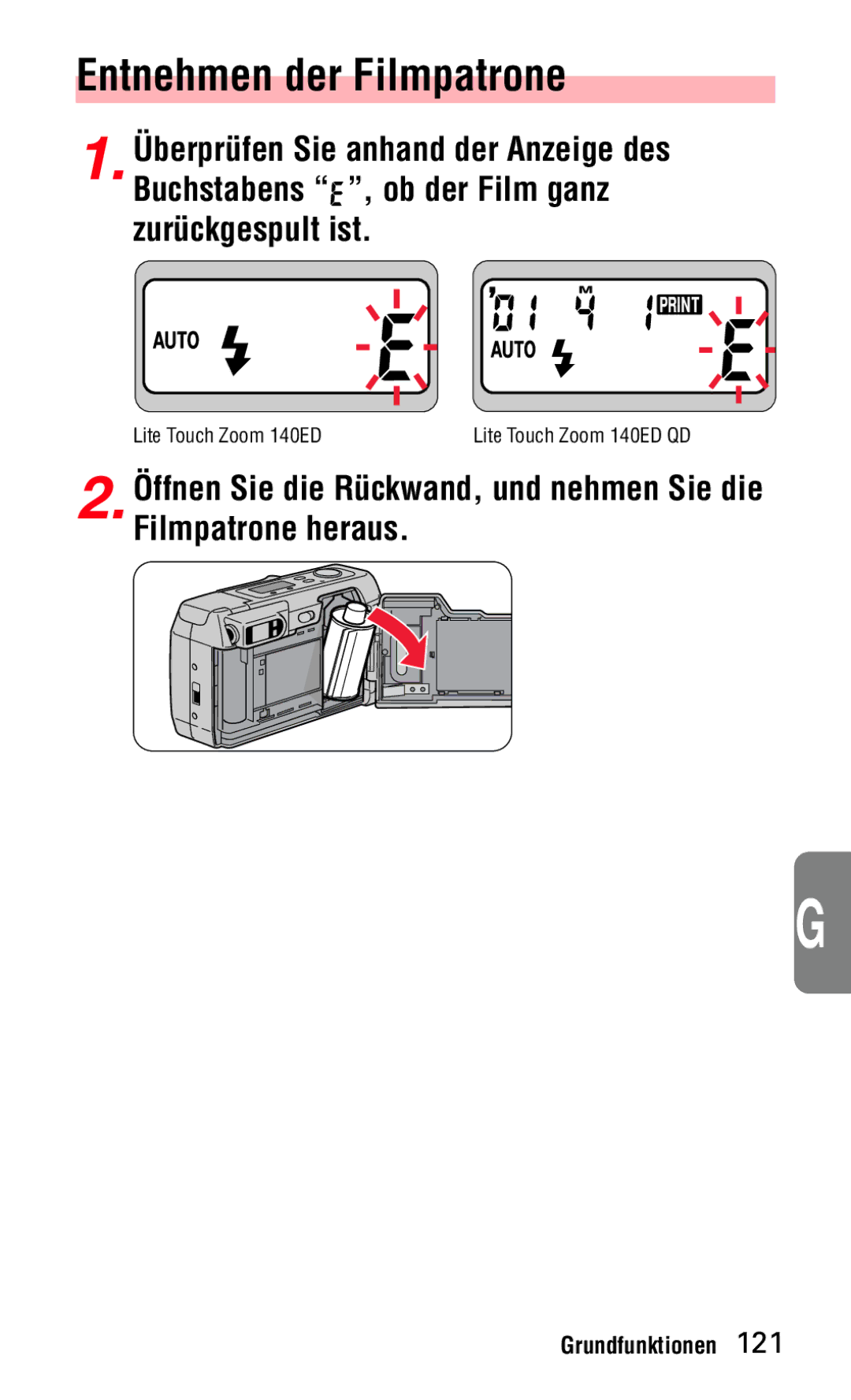 Nikon 140ED instruction manual Entnehmen der Filmpatrone 