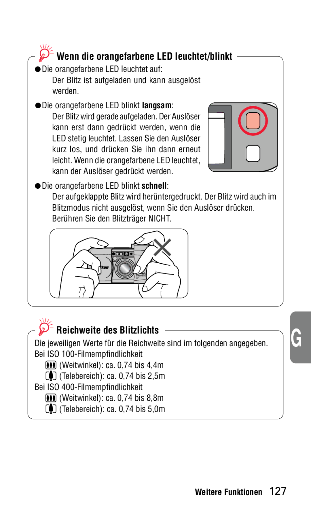 Nikon 140ED instruction manual Wenn die orangefarbene LED leuchtet/blinkt, Reichweite des Blitzlichts 