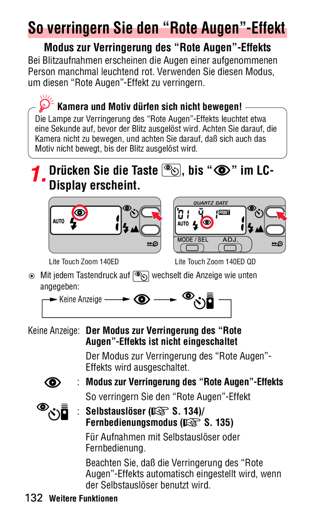 Nikon 140ED Bis im LC, Display erscheint, Modus zur Verringerung des Rote Augen-Effekts, Drücken Sie die Taste 