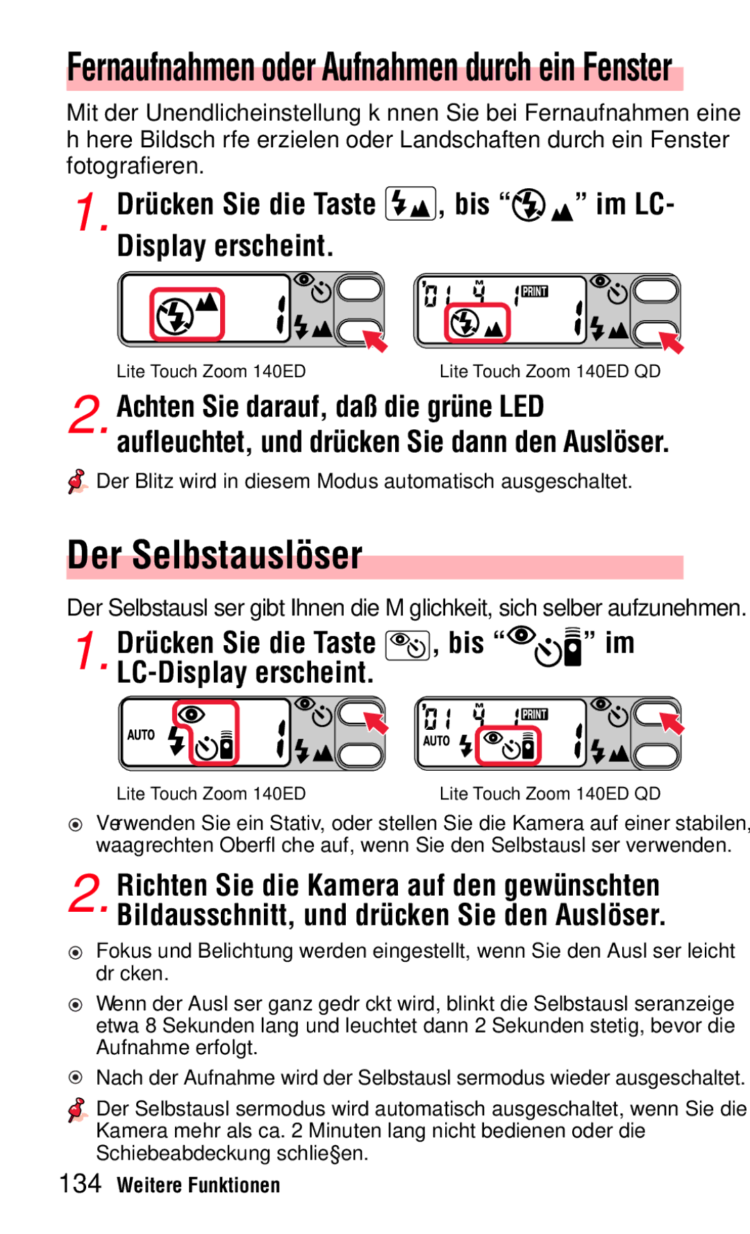 Nikon 140ED Der Selbstauslöser, Bis, Fernaufnahmen oder Aufnahmen durch ein Fenster, Im LC, LC-Display erscheint 