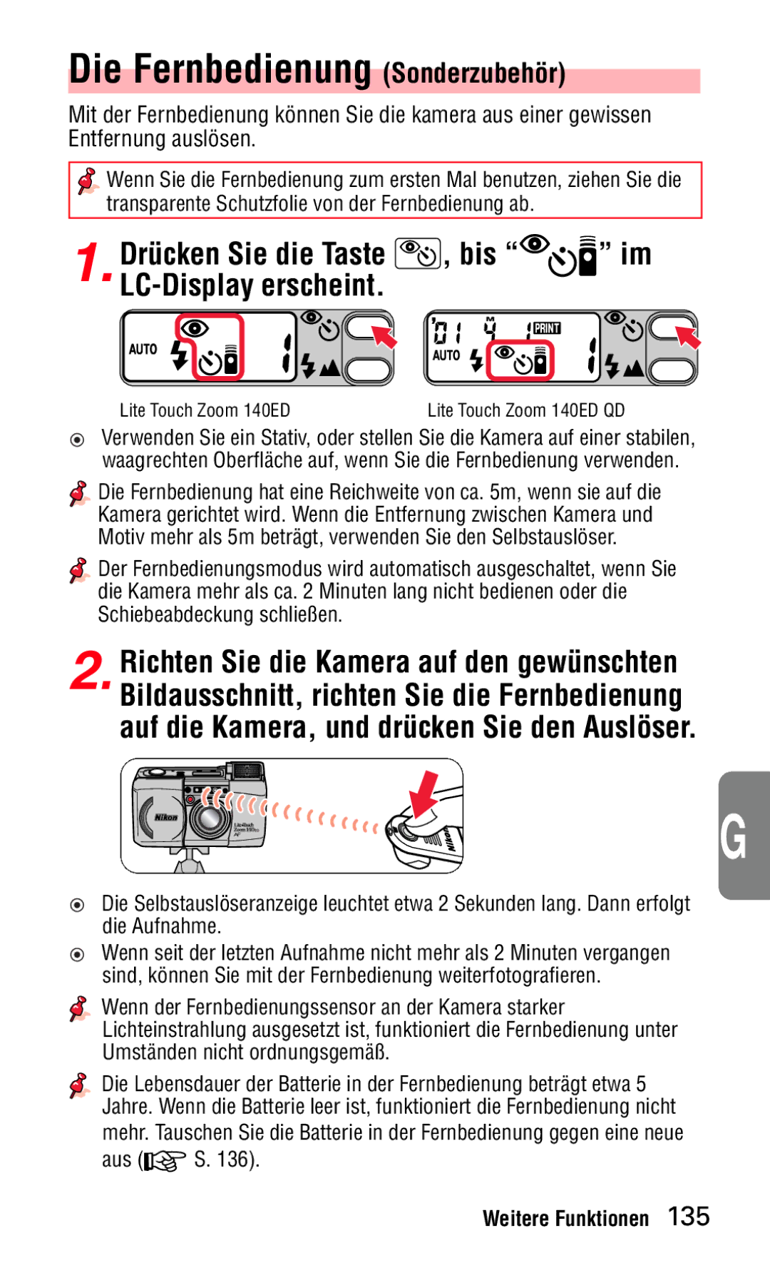 Nikon 140ED instruction manual Die Fernbedienung Sonderzubehör, Bis LC-Display erscheint, Aus S 