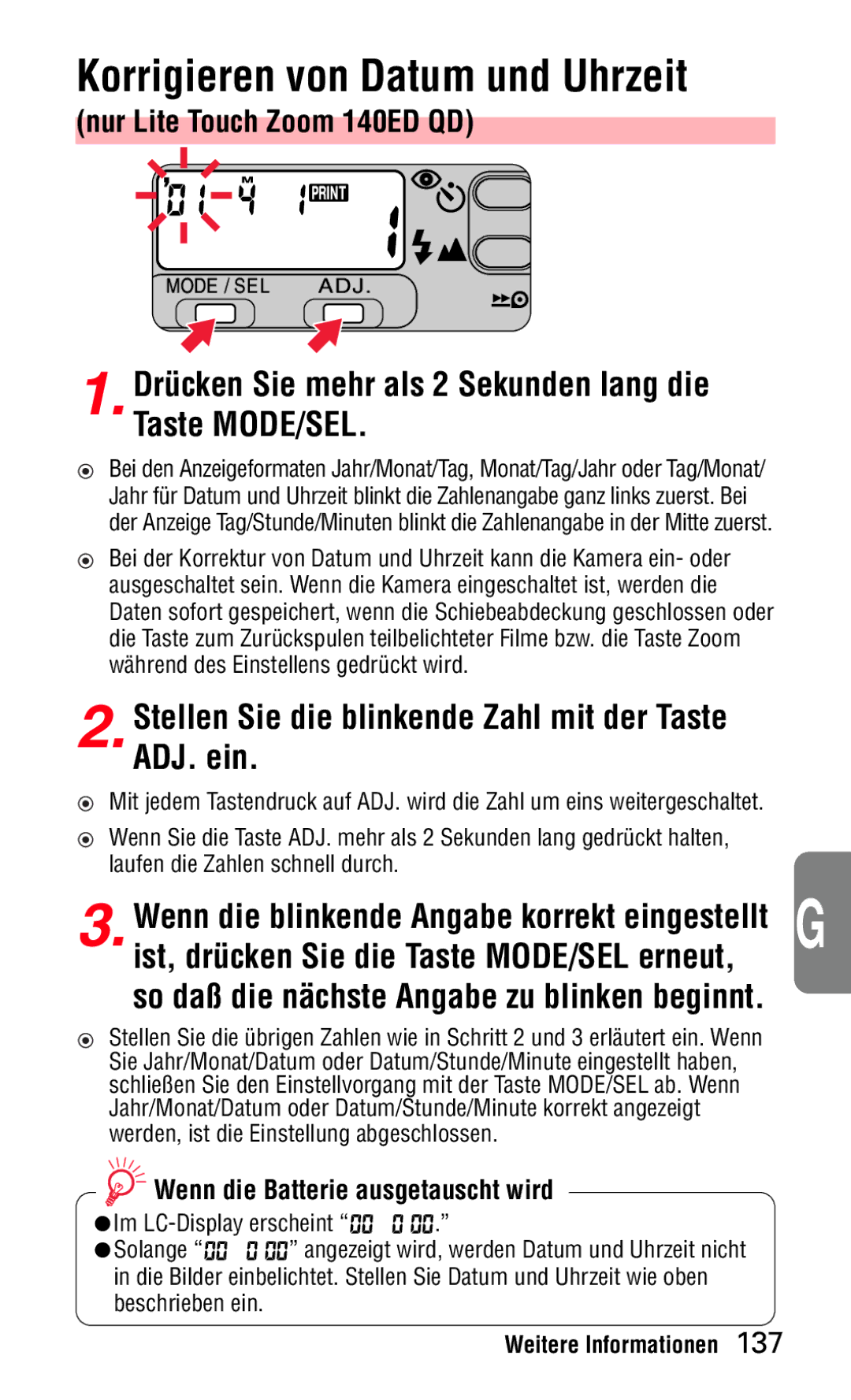 Nikon 140ED instruction manual Korrigieren von Datum und Uhrzeit, Drücken Sie mehr als 2 Sekunden lang die Taste MODE/SEL 