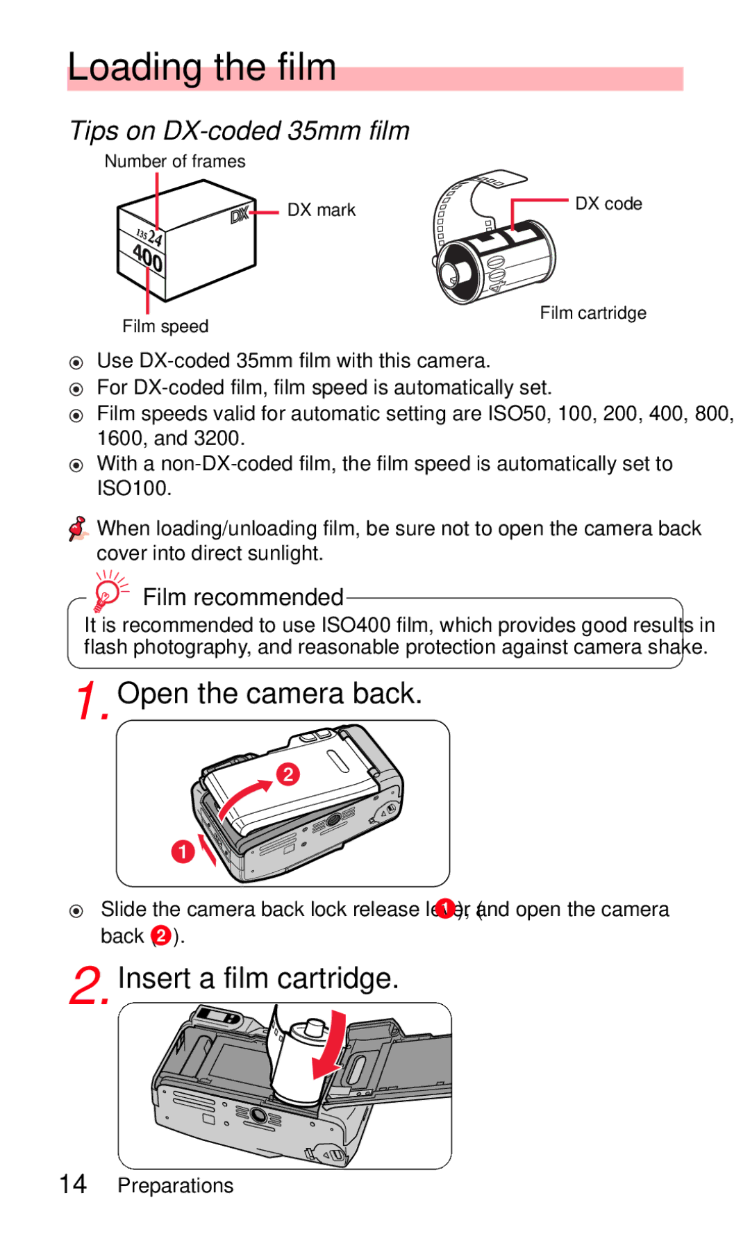 Nikon 140ED Loading the film, Open the camera back, Insert a film cartridge, Tips on DX-coded 35mm film, Film recommended 