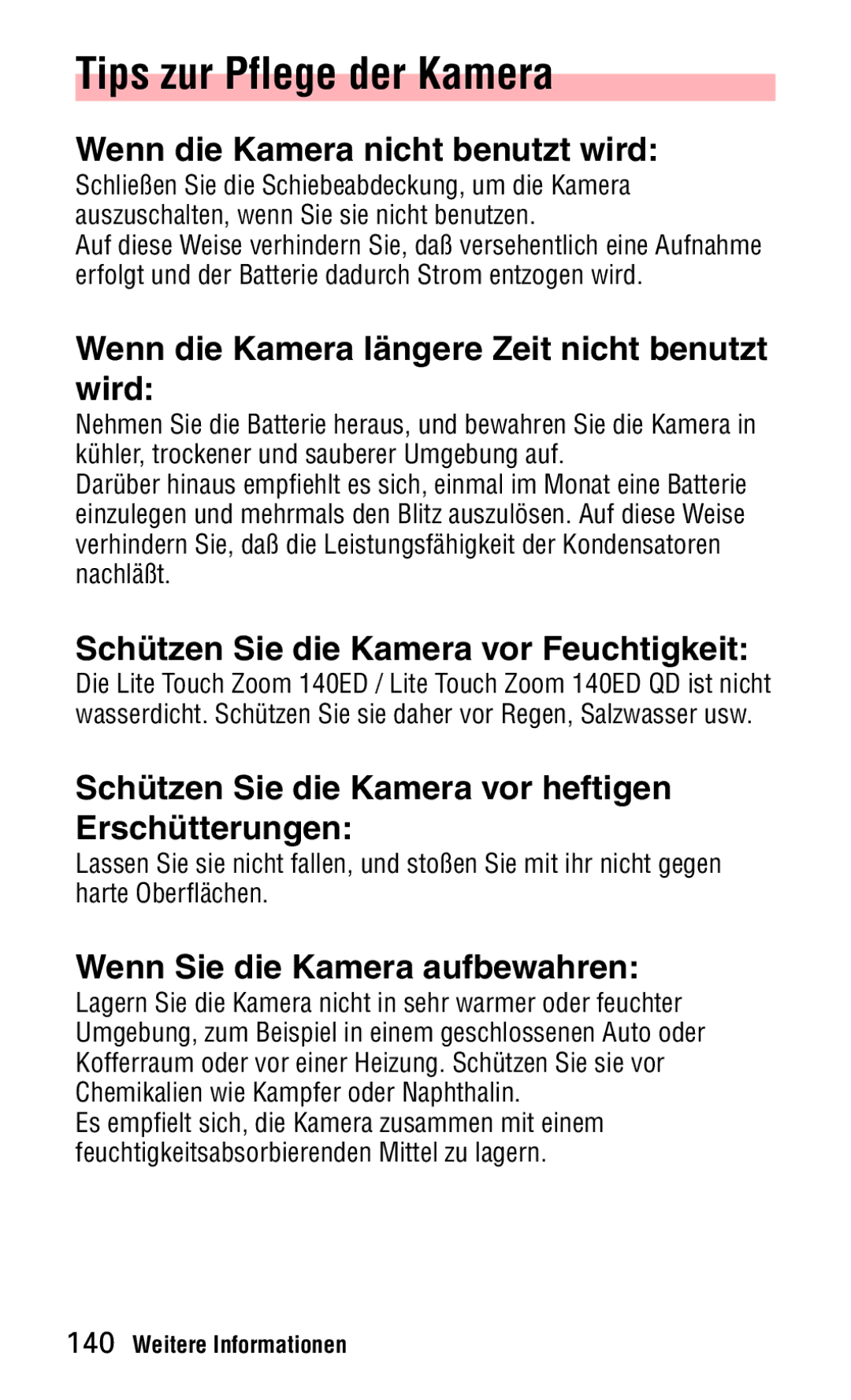 Nikon 140ED instruction manual Tips zur Pflege der Kamera 