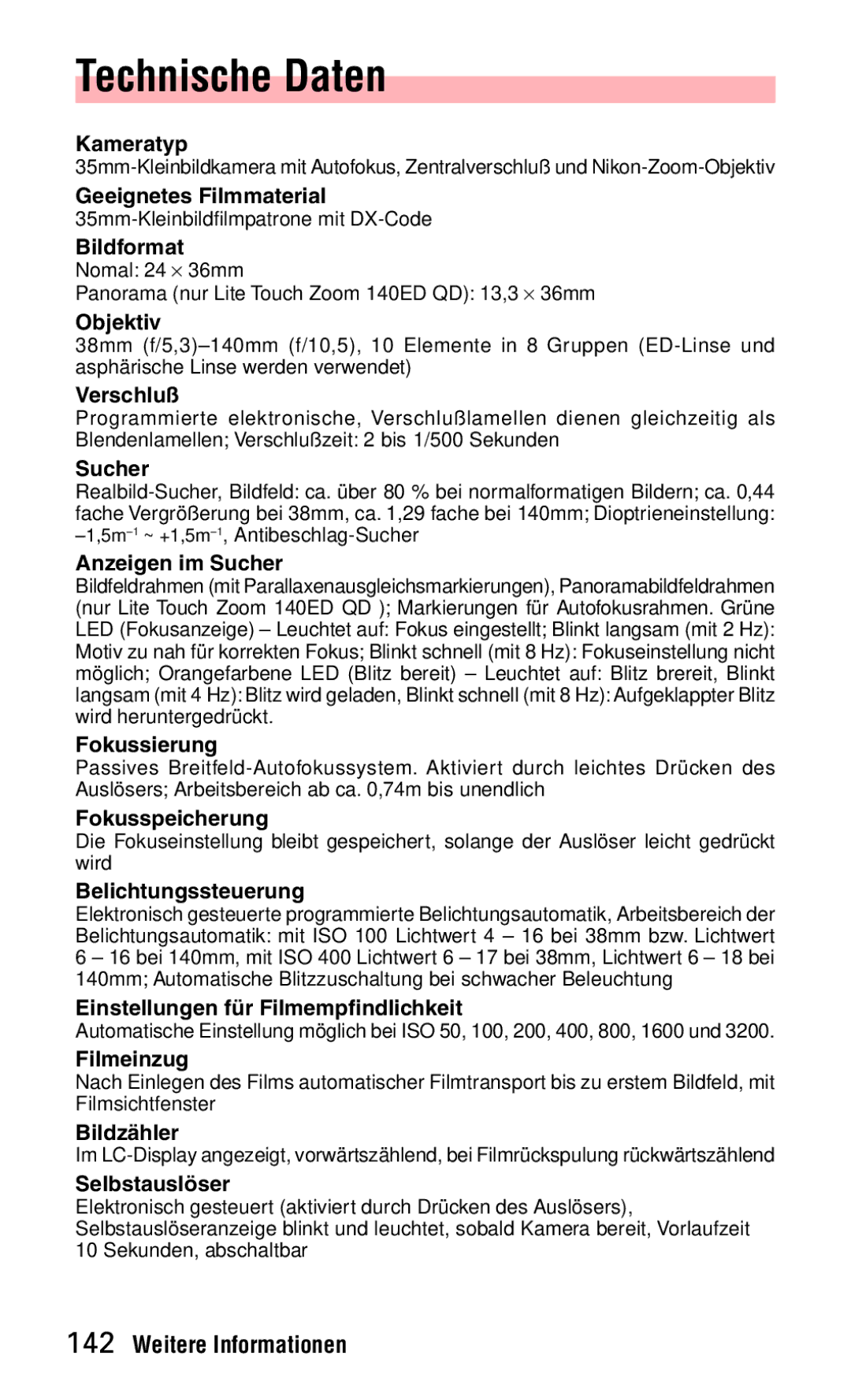 Nikon 140ED instruction manual Technische Daten, Objektiv 