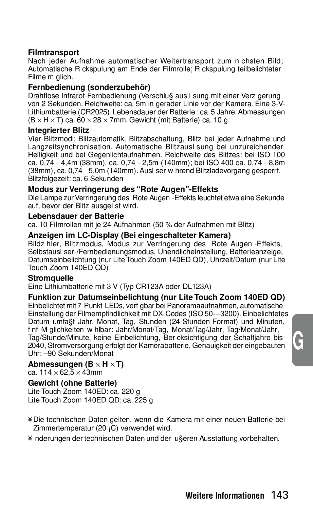 Nikon 140ED instruction manual Lebensdauer der Batterie 