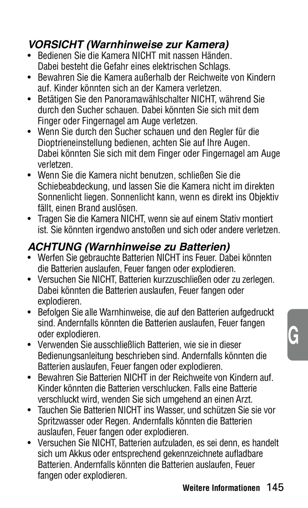 Nikon 140ED instruction manual Vorsicht Warnhinweise zur Kamera, Achtung Warnhinweise zu Batterien 