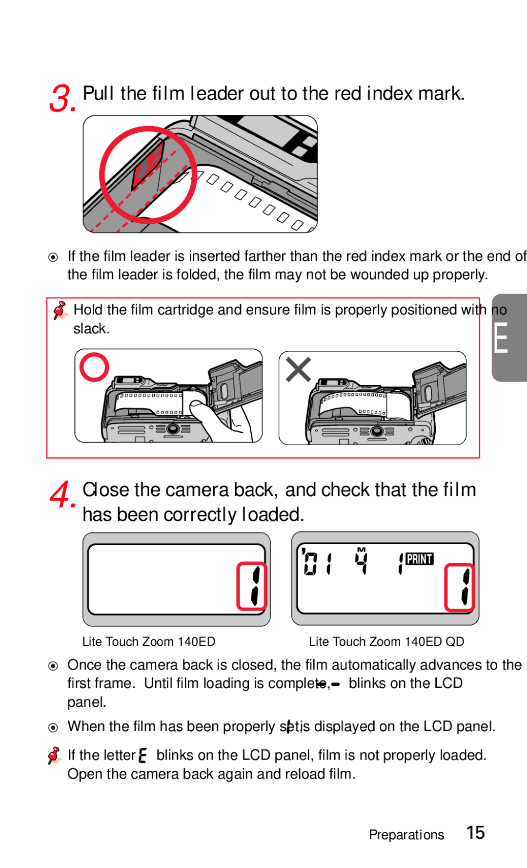 Nikon 140ED instruction manual Pull the film leader out to the red index mark 