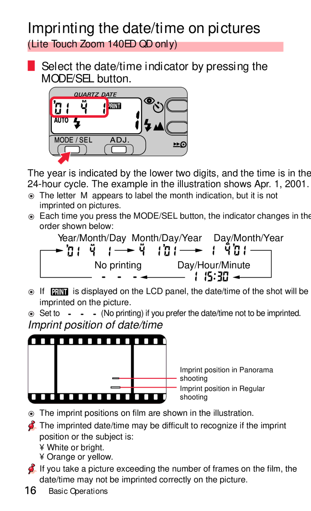 Nikon Imprinting the date/time on pictures, Lite Touch Zoom 140ED QD only, Imprint position of date/time 