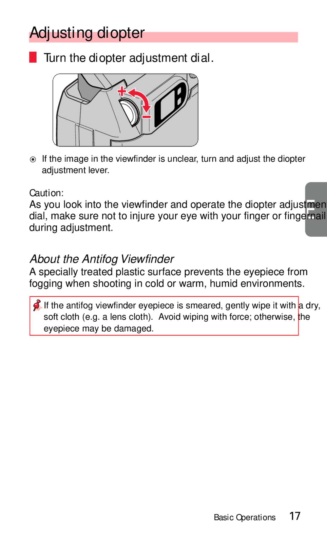 Nikon 140ED instruction manual Adjusting diopter, Turn the diopter adjustment dial, About the Antifog Viewfinder 