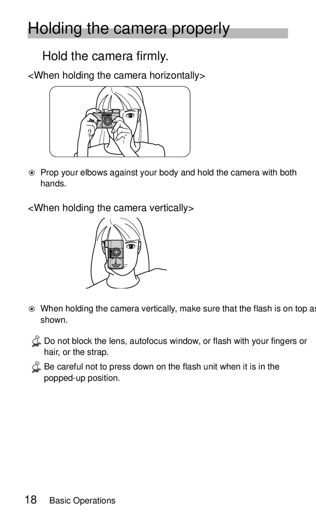 Nikon 140ED instruction manual Holding the camera properly, Hold the camera firmly, When holding the camera horizontally 