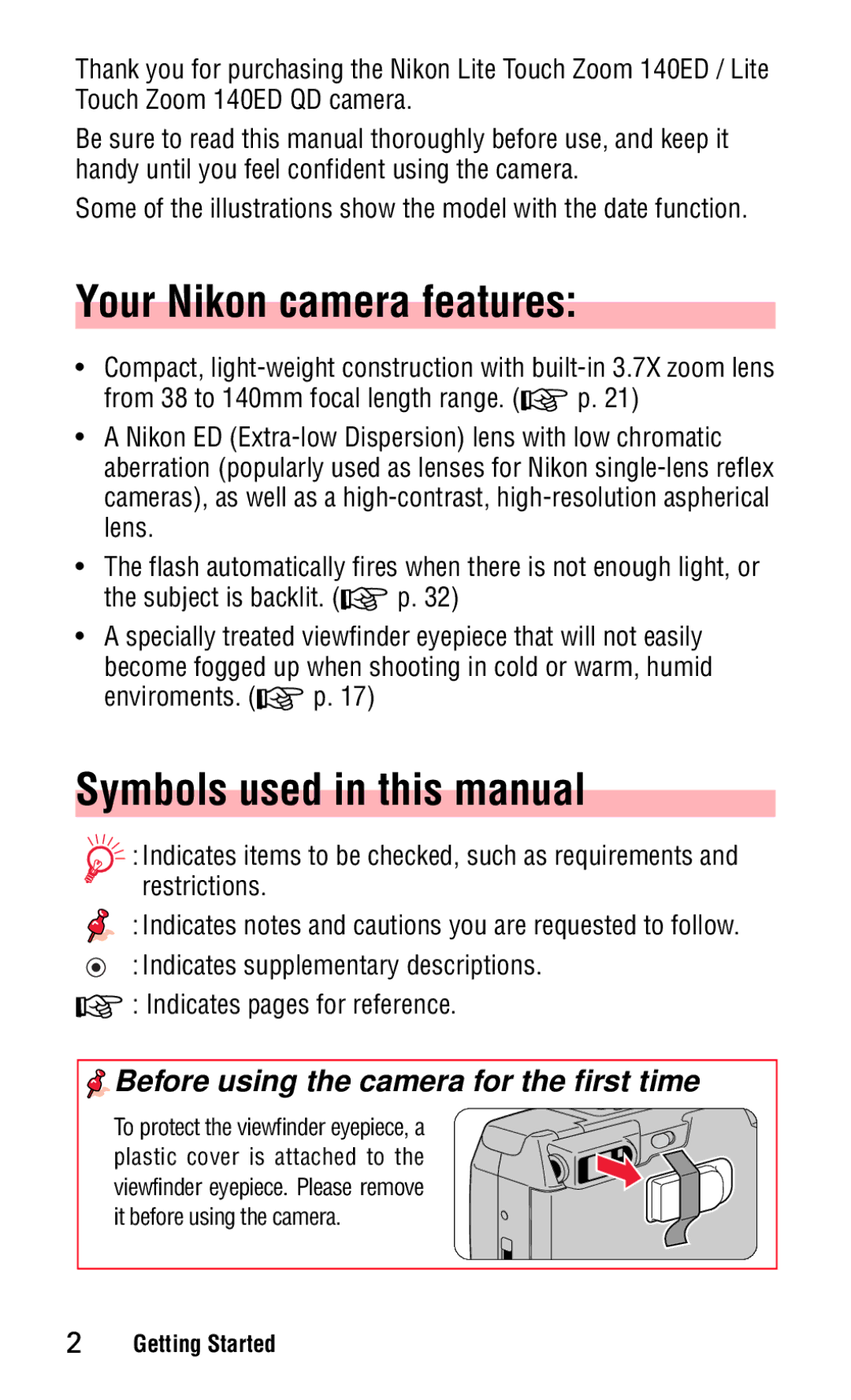 Nikon 140ED Your Nikon camera features, Symbols used in this manual, Before using the camera for the first time 