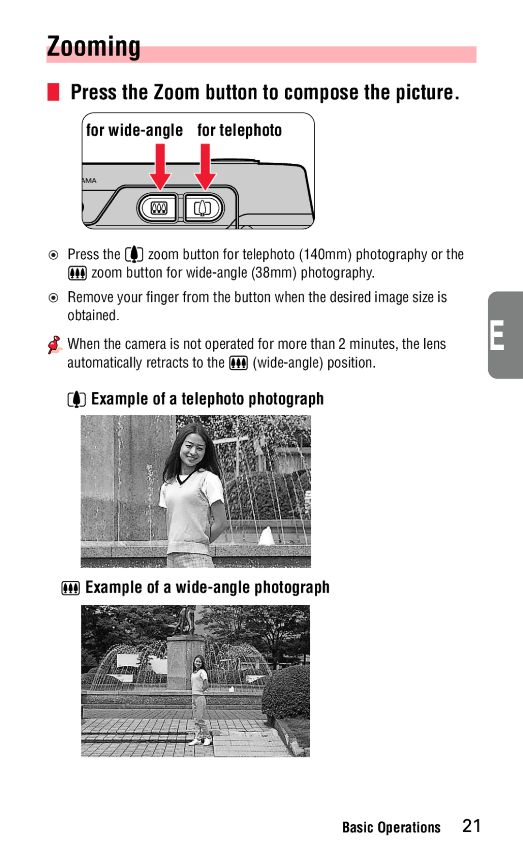 Nikon 140ED Zooming, Press the Zoom button to compose the picture, Automatically retracts to Wide-angle position 