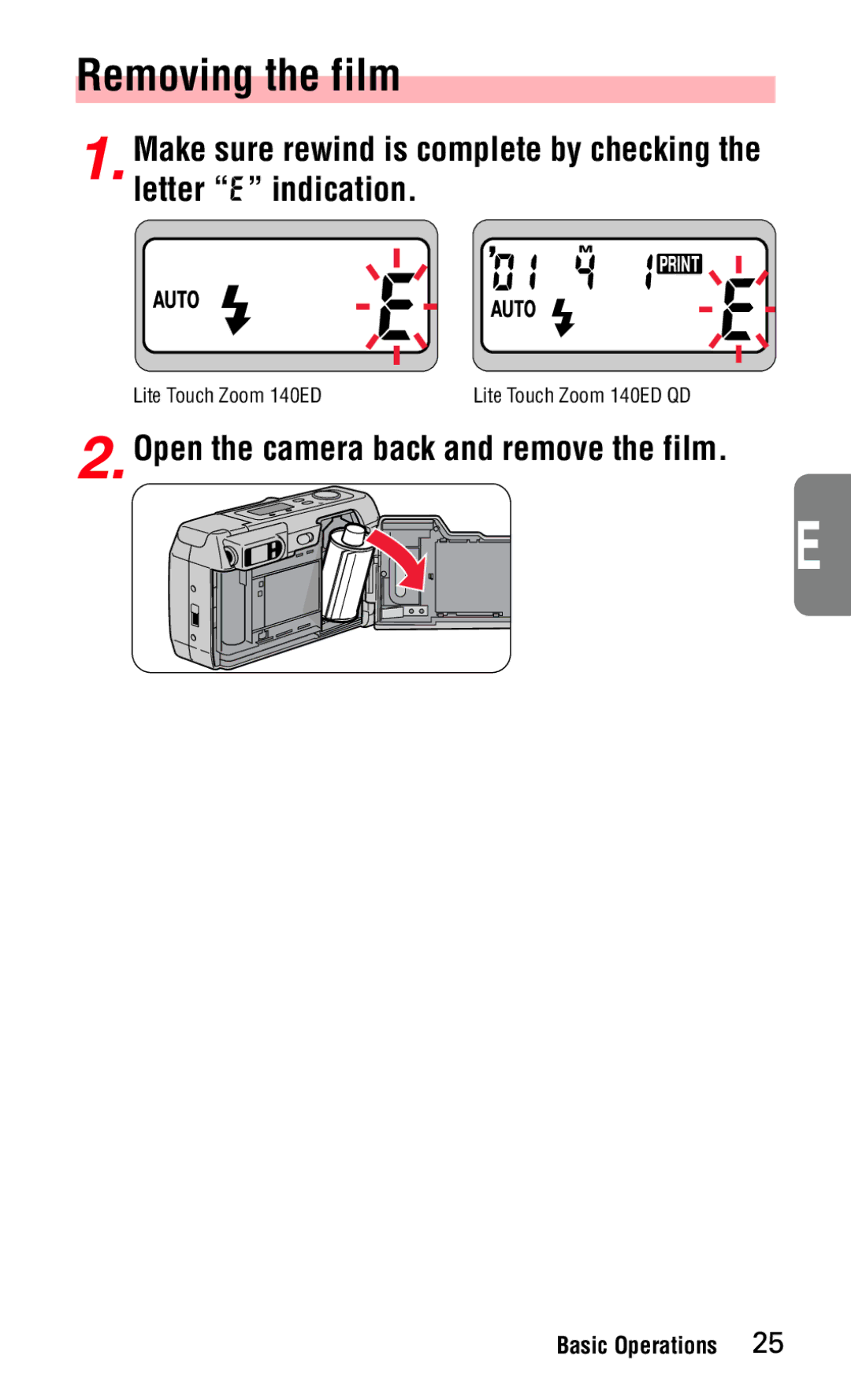 Nikon 140ED instruction manual Removing the film, Open the camera back and remove the film 