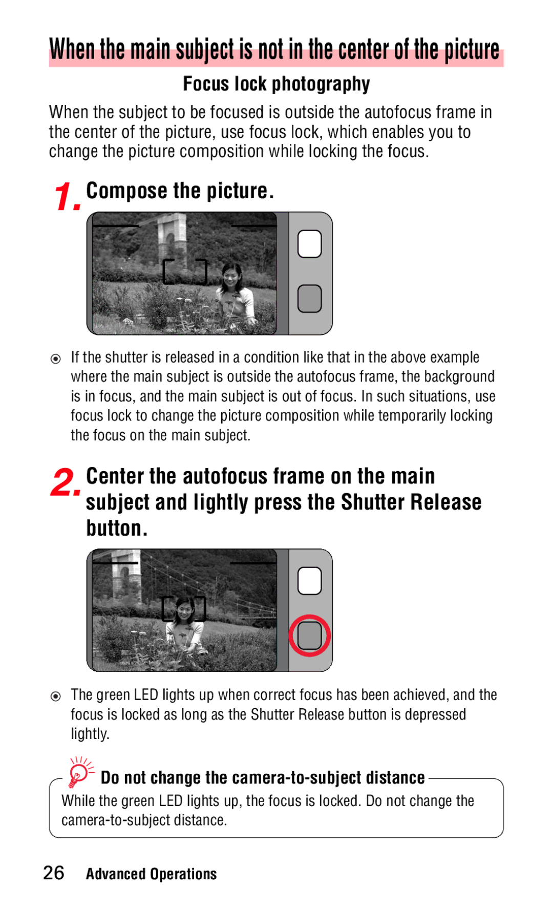 Nikon 140ED Compose the picture, Focus lock photography, When the main subject is not in the center of the picture 