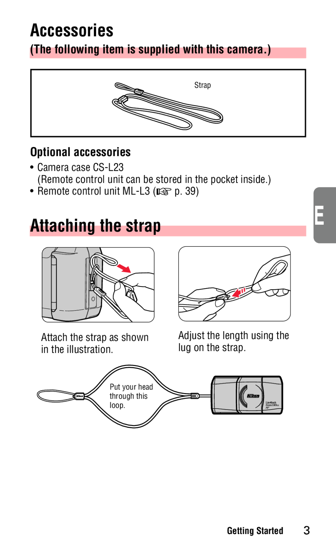 Nikon 140ED Accessories, Attaching the strap, Following item is supplied with this camera, Optional accessories 