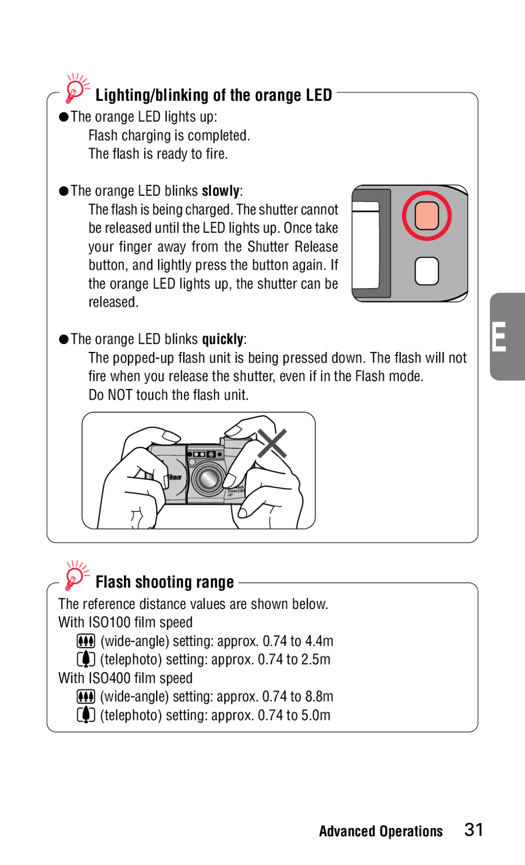 Nikon 140ED instruction manual Lighting/blinking of the orange LED, Flash shooting range, AThe orange LED blinks slowly 