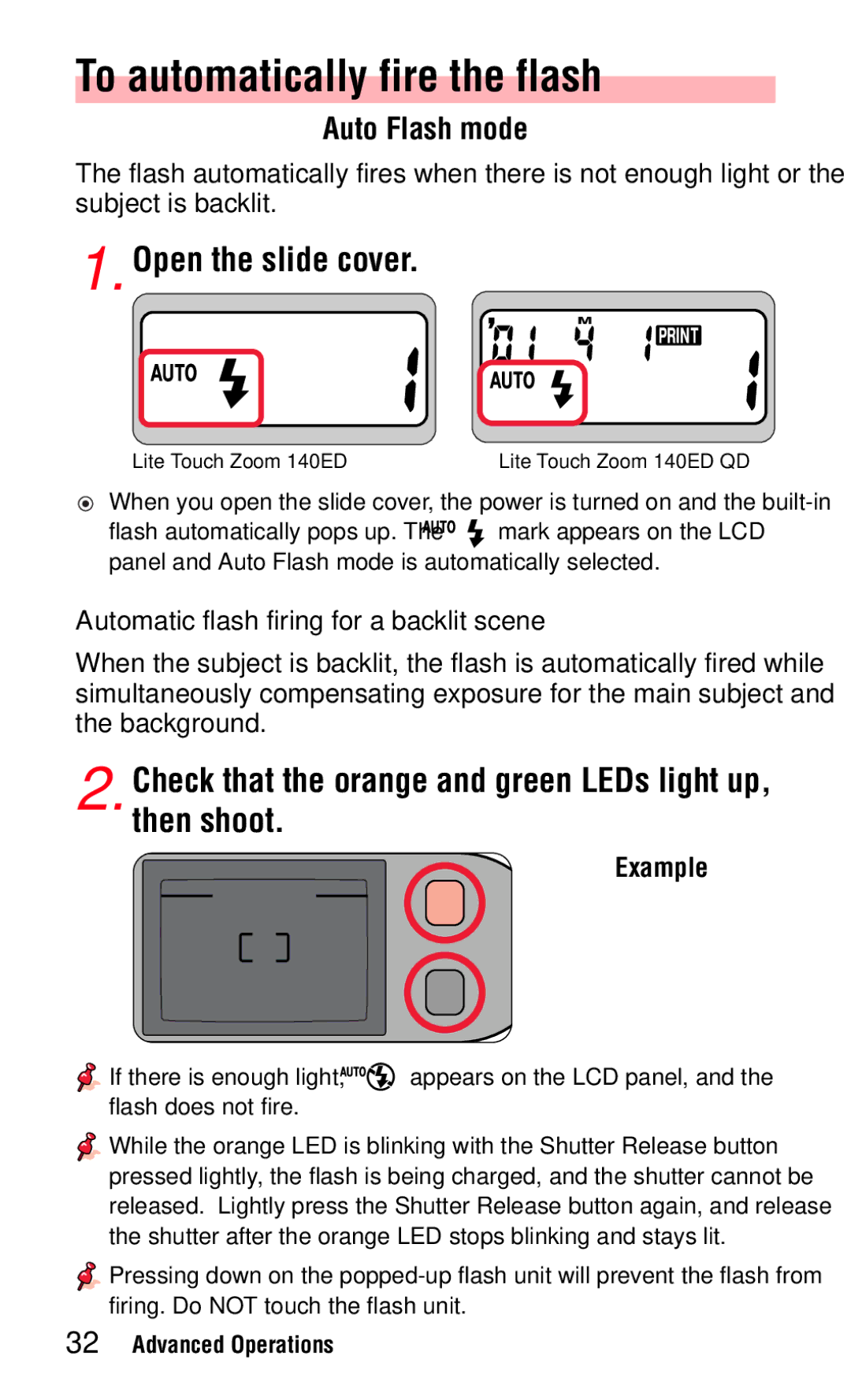 Nikon 140ED To automatically fire the flash, Check that the orange and green LEDs light up, then shoot, Auto Flash mode 