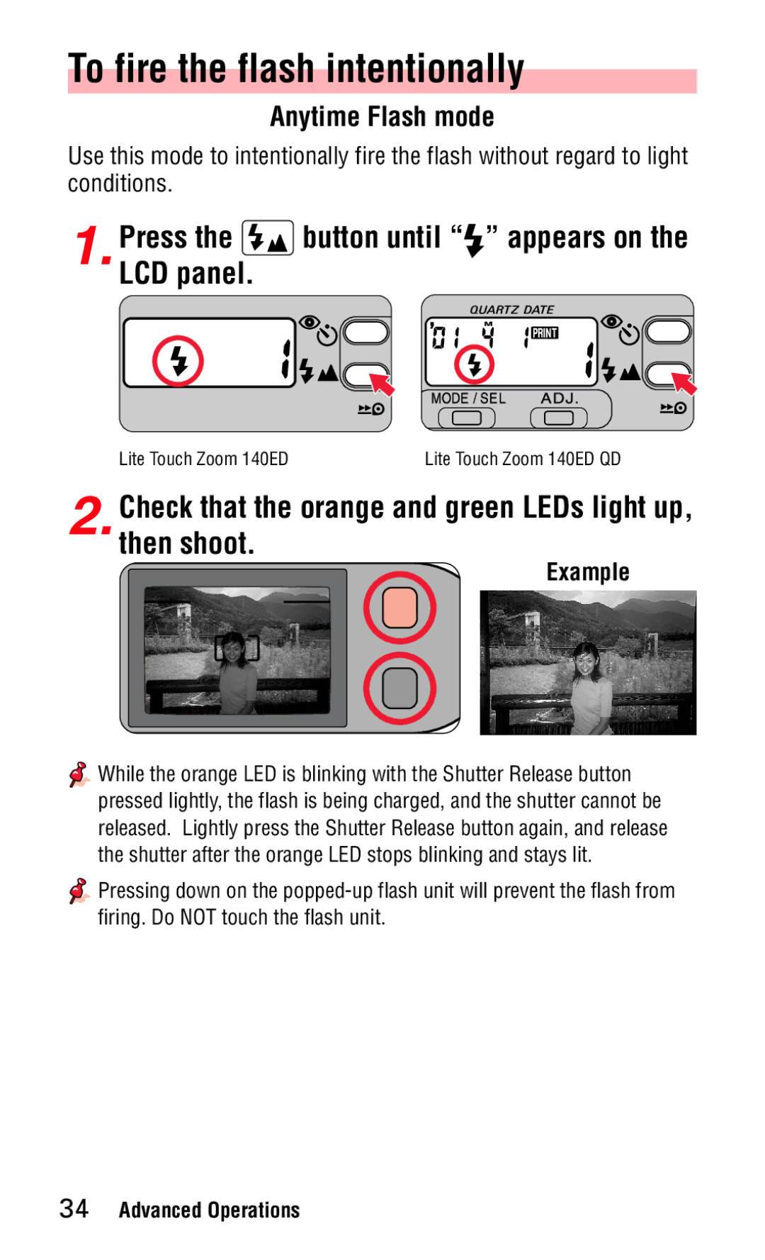 Nikon 140ED To fire the flash intentionally, Press the button until appears on the LCD panel, Anytime Flash mode 