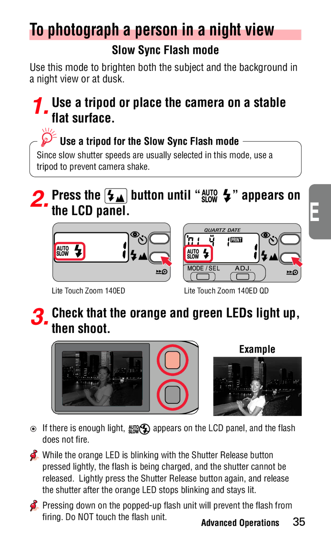 Nikon 140ED instruction manual To photograph a person in a night view, Use a tripod for the Slow Sync Flash mode 