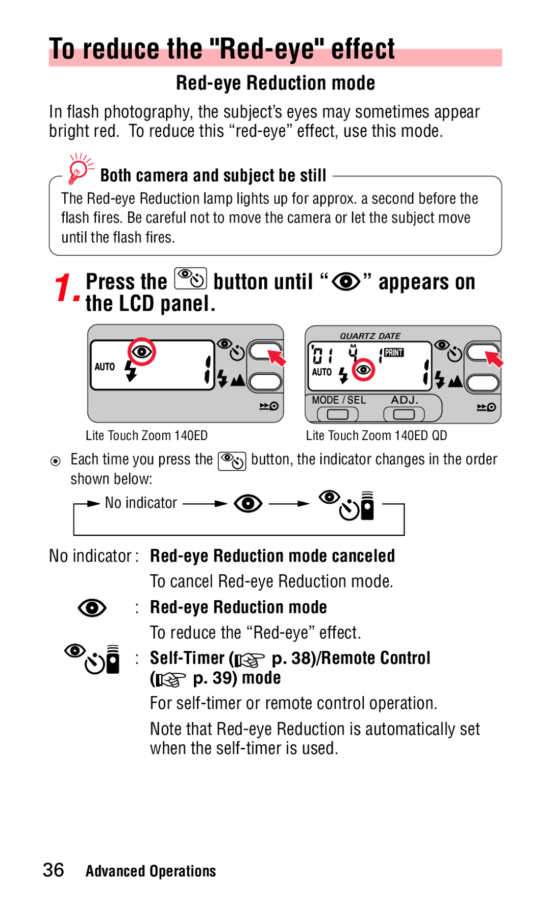 Nikon 140ED instruction manual To reduce the Red-eye effect, Red-eye Reduction mode 