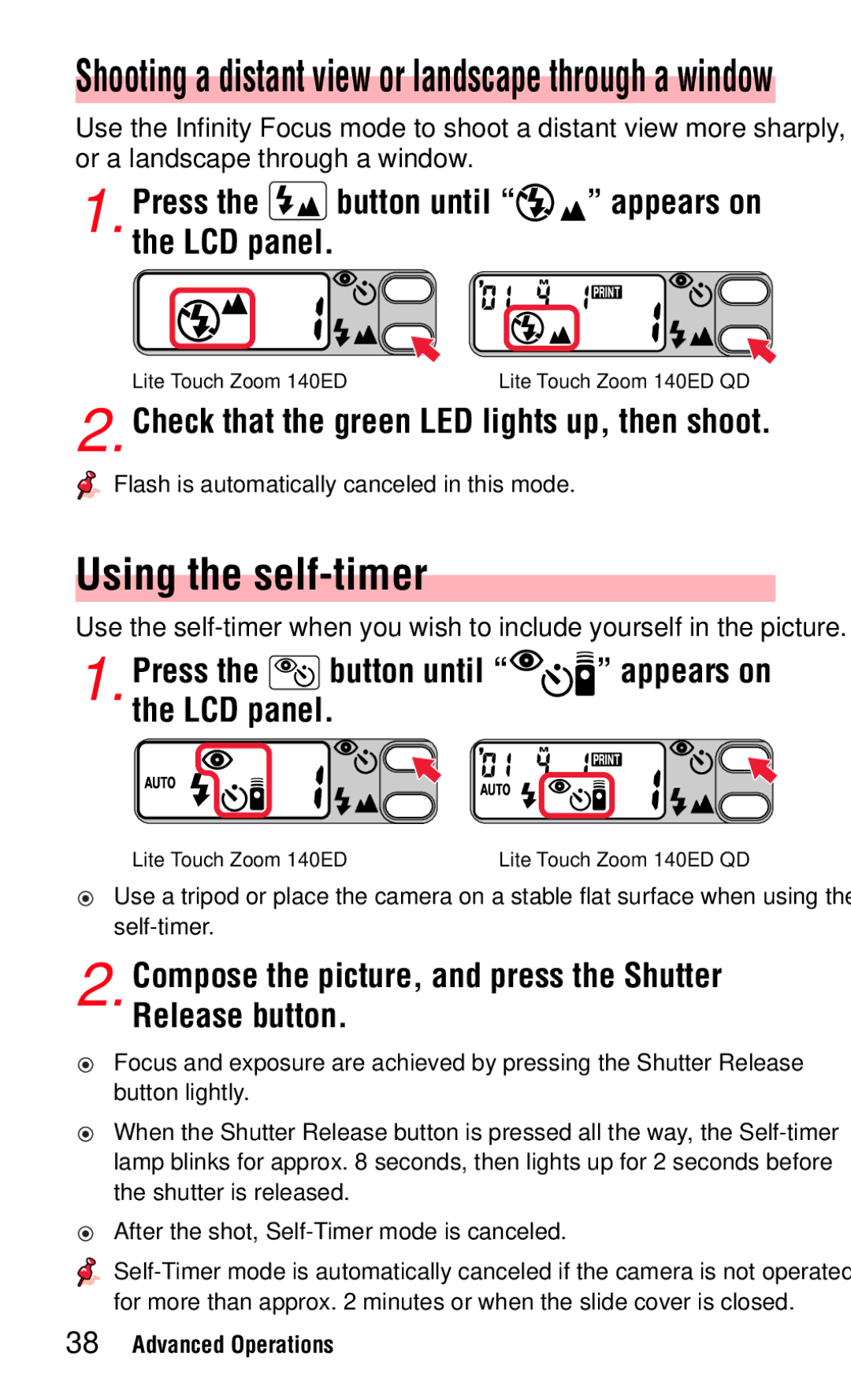 Nikon 140ED Using the self-timer, Press Button until, Compose the picture, and press the Shutter Release button 