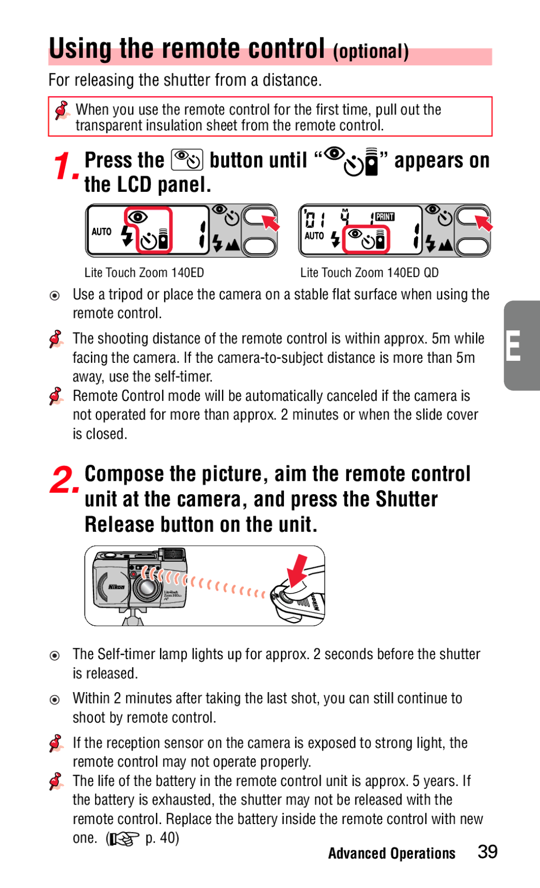 Nikon 140ED Using the remote control optional, For releasing the shutter from a distance, Remote control, One 