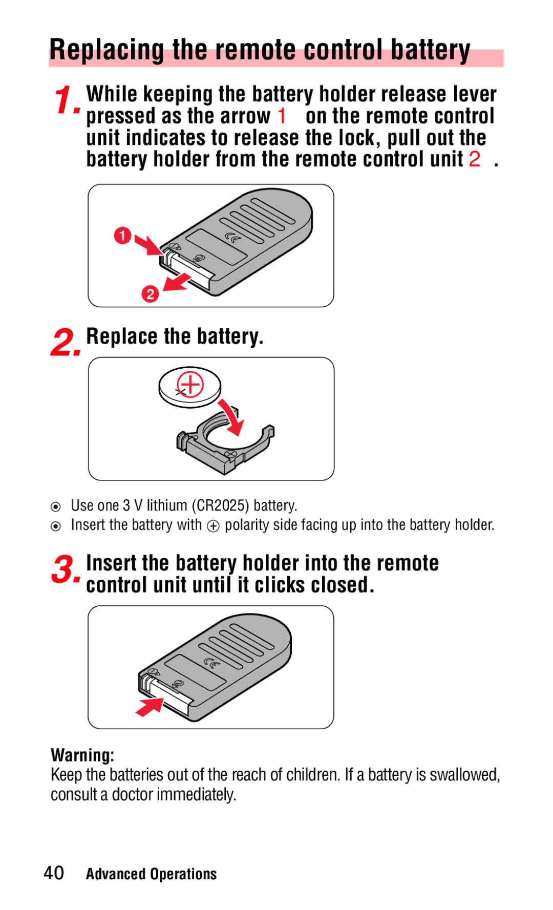 Nikon 140ED instruction manual Replacing the remote control battery, Replace the battery 