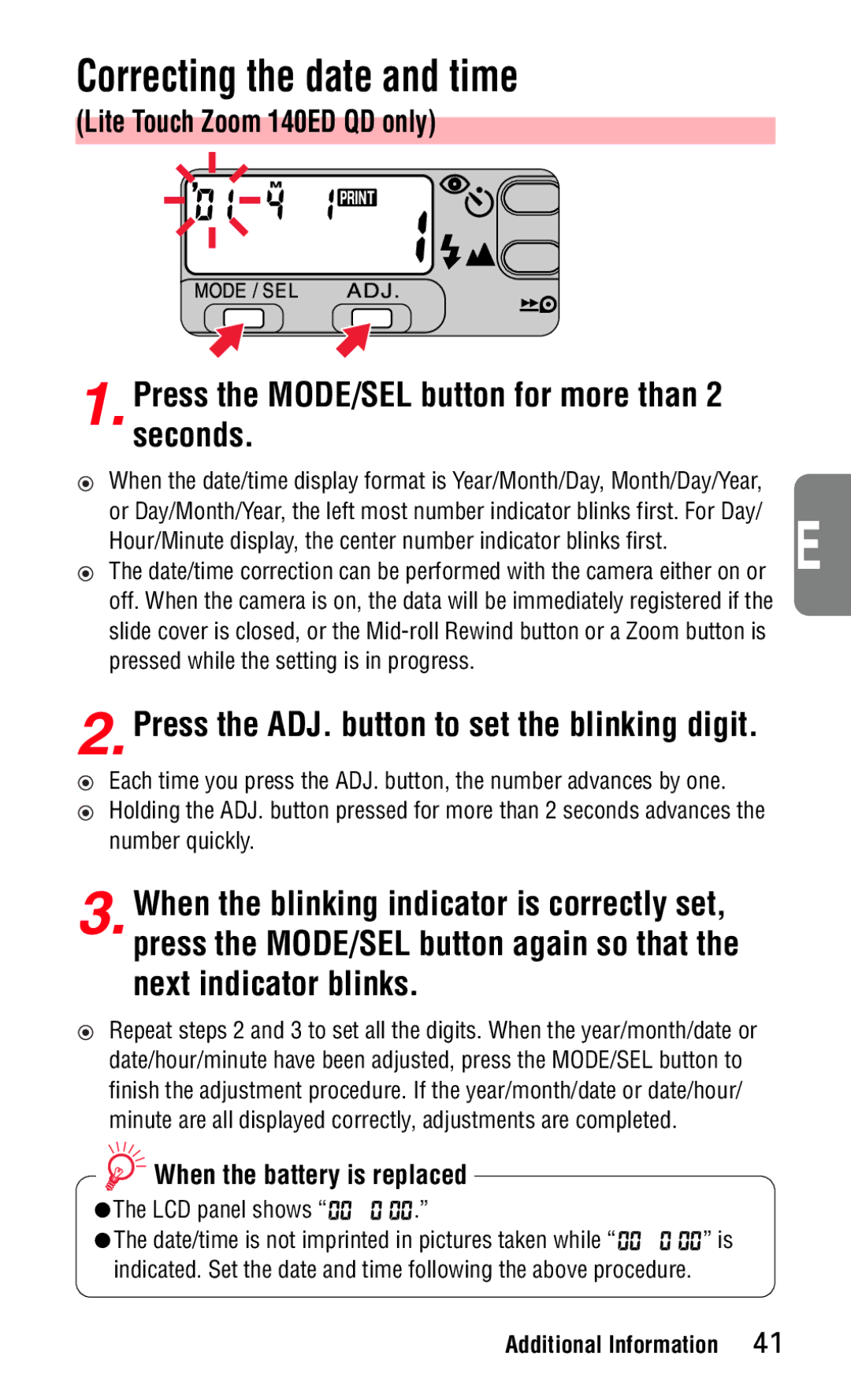 Nikon 140ED Correcting the date and time, Press the MODE/SEL button for more than 2 seconds, When the battery is replaced 