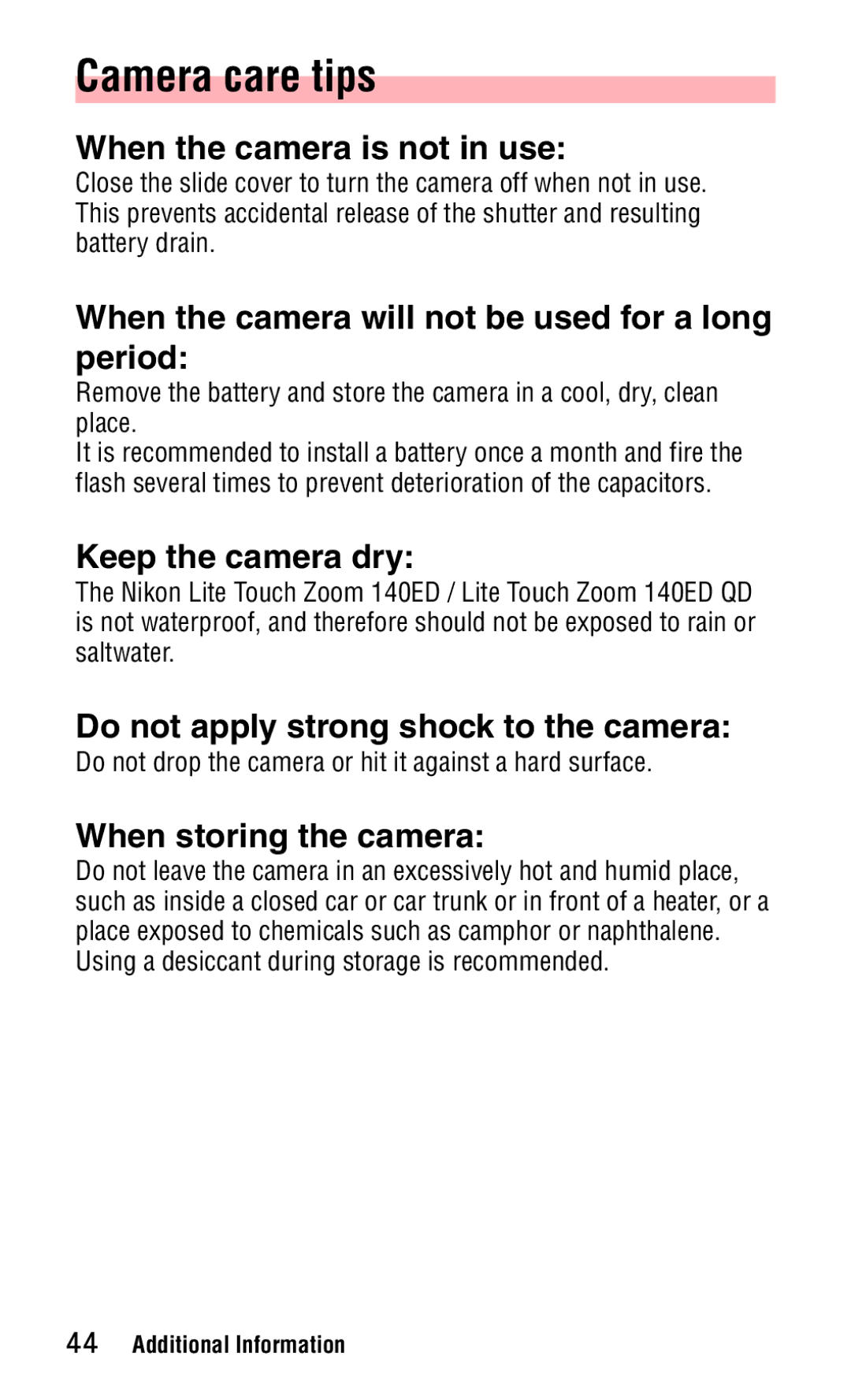 Nikon 140ED instruction manual Camera care tips 