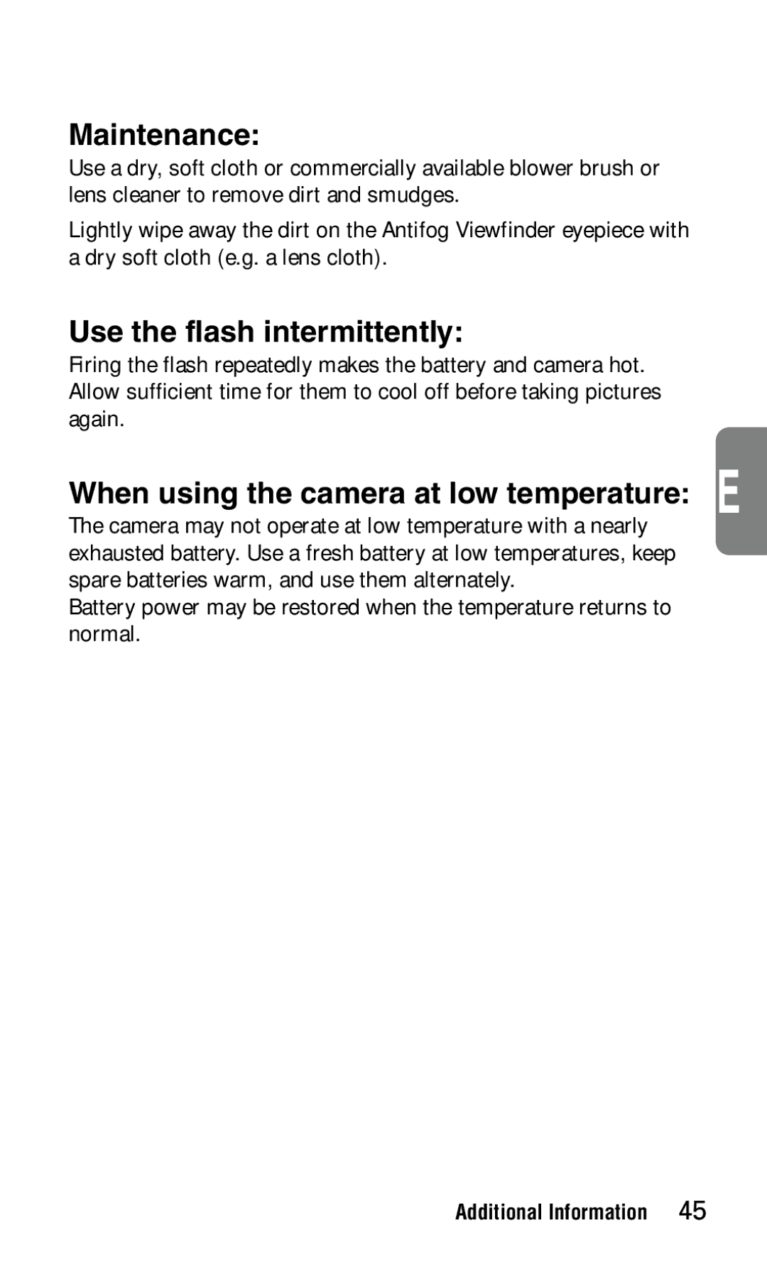 Nikon 140ED instruction manual Maintenance, Use the flash intermittently, When using the camera at low temperature E 