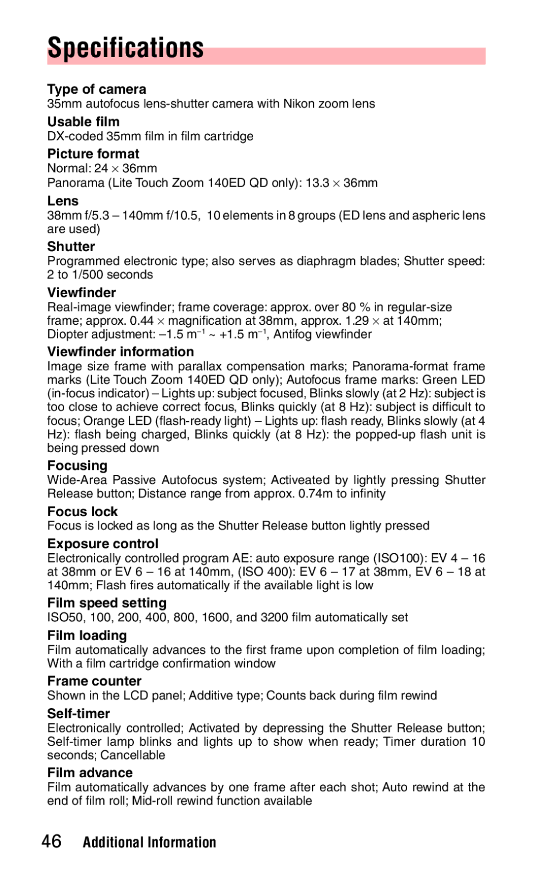 Nikon 140ED instruction manual Specifications, Shutter 