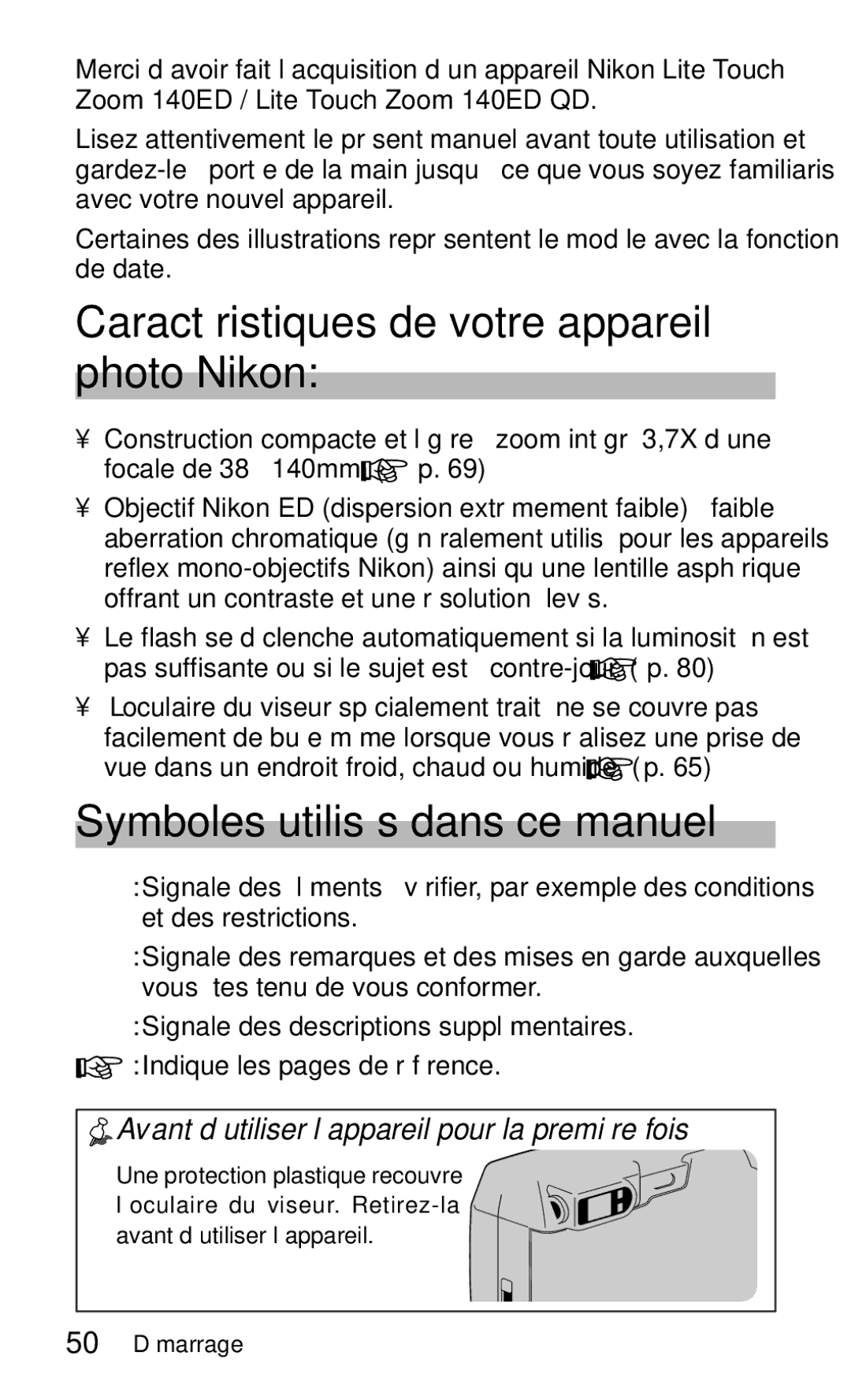 Nikon 140ED instruction manual Caractéristiques de votre appareil photo Nikon, Symboles utilisés dans ce manuel 