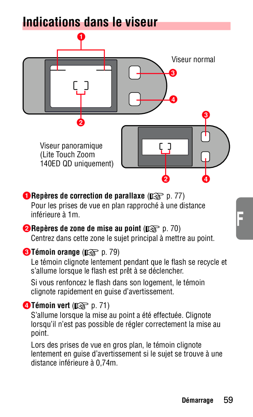 Nikon 140ED instruction manual Indications dans le viseur, 3Témoin orange, 4Témoin vert 