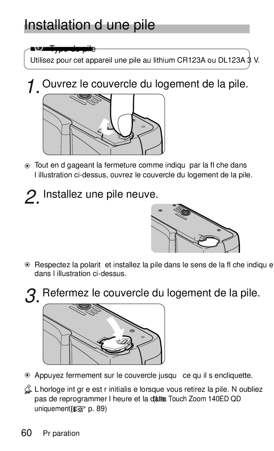 Nikon 140ED Installation d’une pile, Ouvrez le couvercle du logement de la pile, Installez une pile neuve, Type de pile 