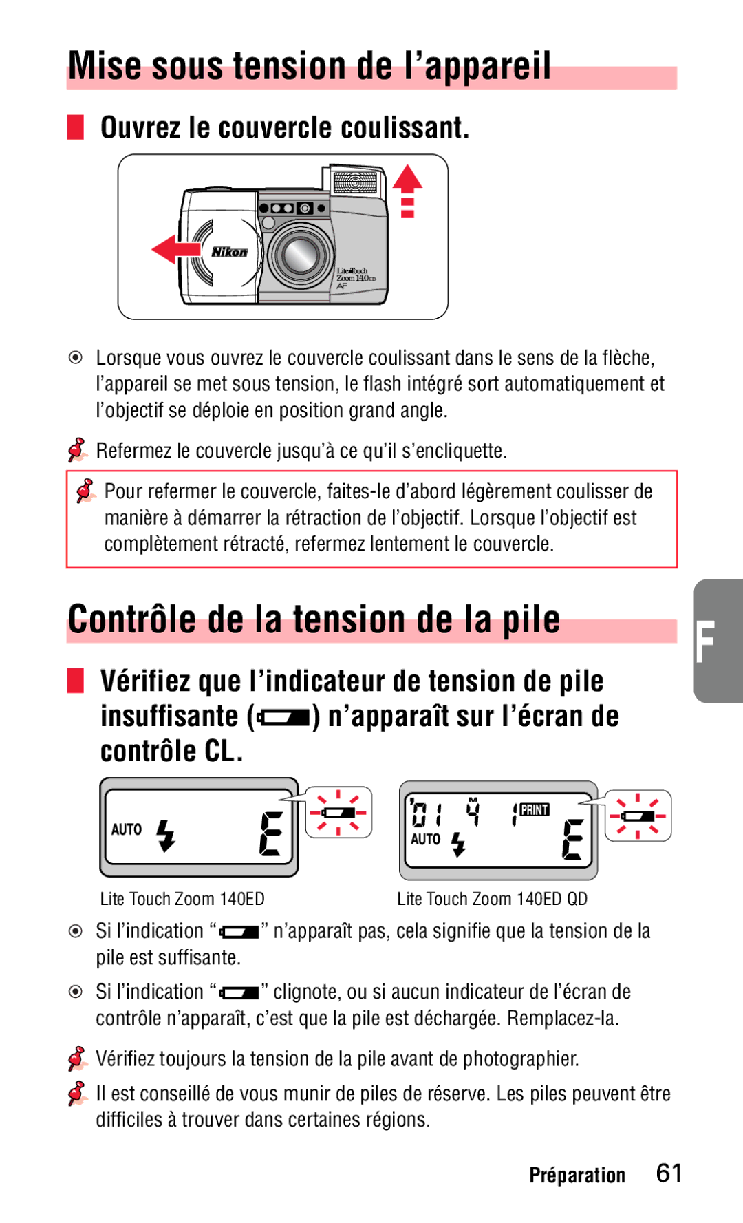 Nikon 140ED instruction manual Mise sous tension de l’appareil, Ouvrez le couvercle coulissant 