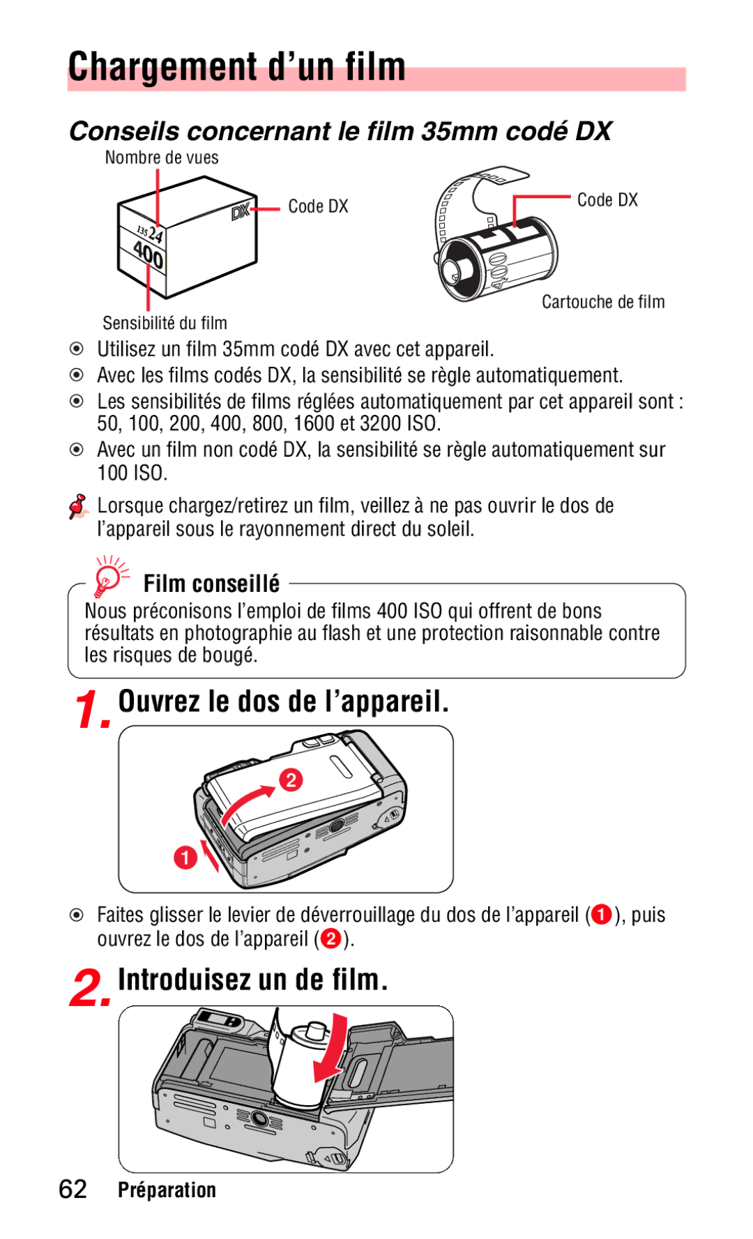 Nikon 140ED instruction manual Chargement d’un film, Ouvrez le dos de l’appareil, Introduisez un de film, Film conseillé 