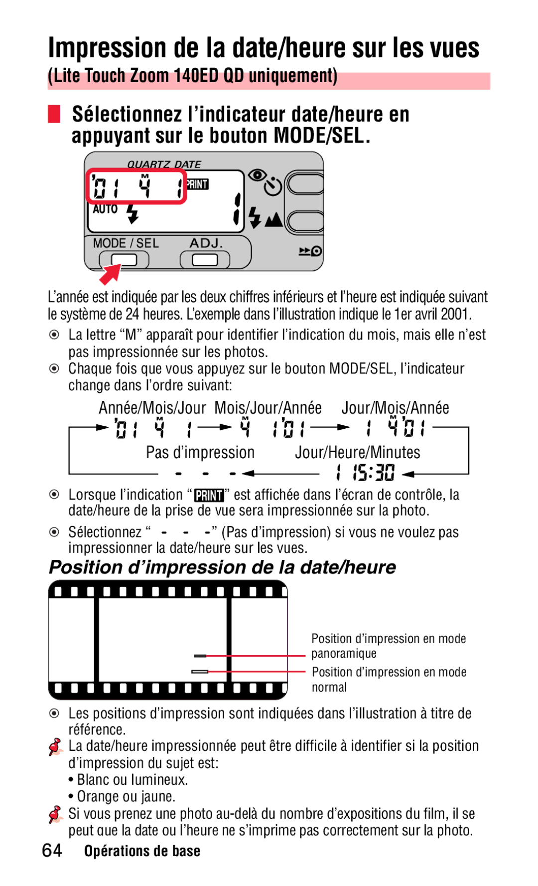 Nikon 140ED instruction manual Impression de la date/heure sur les vues, Position d’impression de la date/heure 