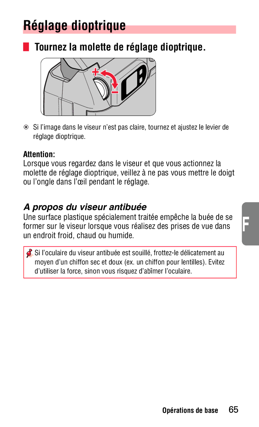 Nikon 140ED instruction manual Réglage dioptrique, Tournez la molette de réglage dioptrique, Propos du viseur antibuée 