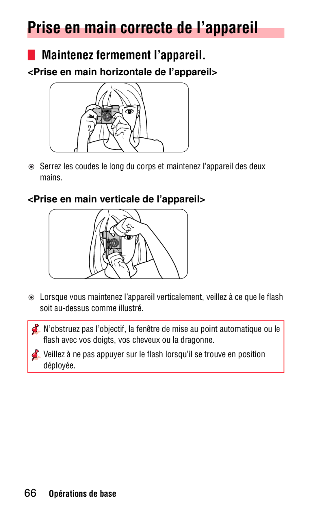 Nikon 140ED Prise en main correcte de l’appareil, Maintenez fermement l’appareil, Prise en main horizontale de l’appareil 